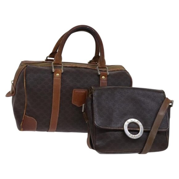 CELINE Macadam Canvas Shoulder Bag PVC Leather 2Set Brown Auth bs23708 - Picture 1 of 16